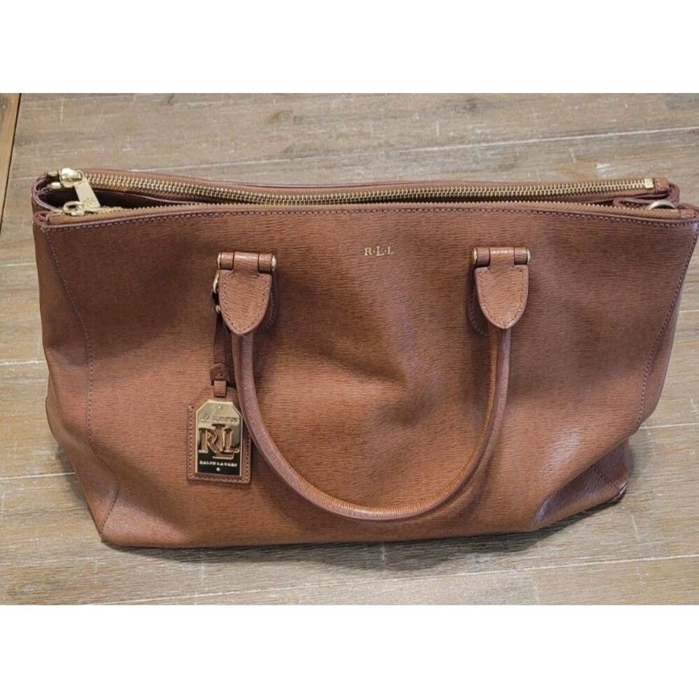 Lauren Ralph Lauren Brown Leather Newbury Double Zip Tote Purse Bag